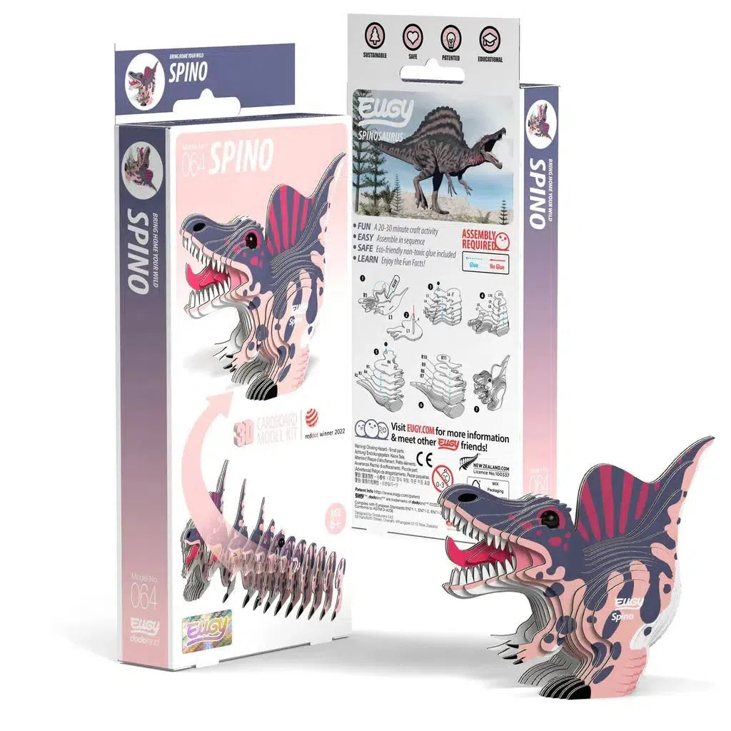 Explore the eco-friendly box and packaging of EUGY's 3D Spinosaurus puzzle. Inside, you'll find easy-to-follow instructions to assemble your own impressive dinosaur model, bringing this prehistoric creature to life in an environmentally conscious way.