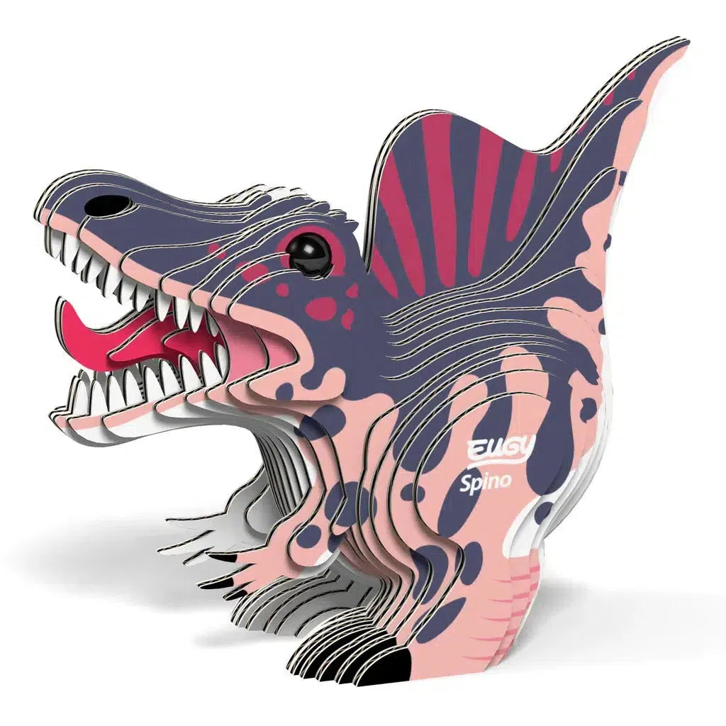 Discover the 3D dinosaur puzzle model of a colorful, cartoonish Spinosaurus with visible layers and an open mouth. Known as "EUGY Spino," it’s eco-friendly and introduces STEM concepts, making learning fun for all ages.