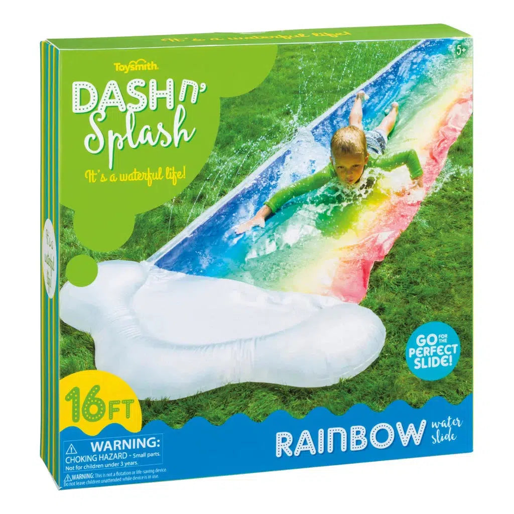 Child sliding down an inflatable rainbow-colored water slide, perfect as a backyard toy, packaged in a box labeled "Dash N' Splash" by Toysmith.