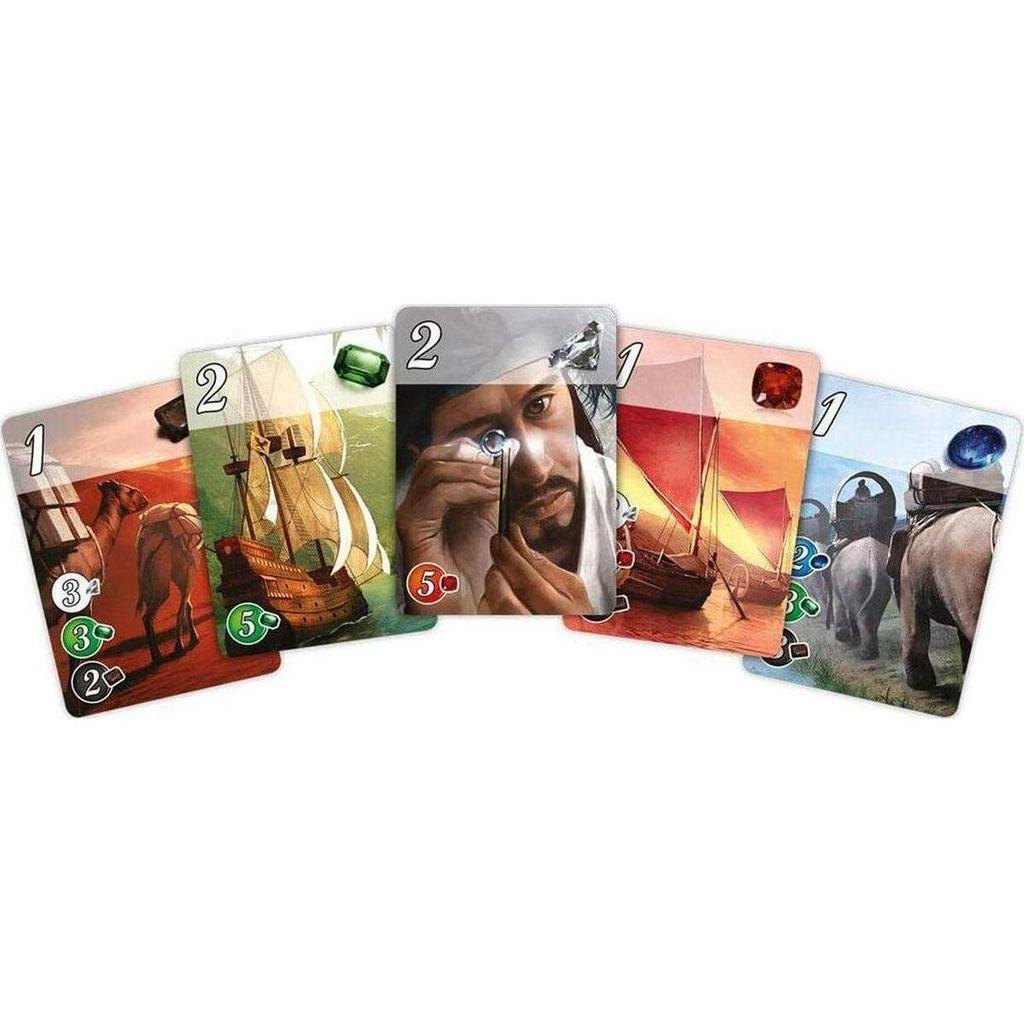 Five colorful playing cards with illustrations of horses, ships, and a man examining a gem. Each card displays numbers and gem icons.