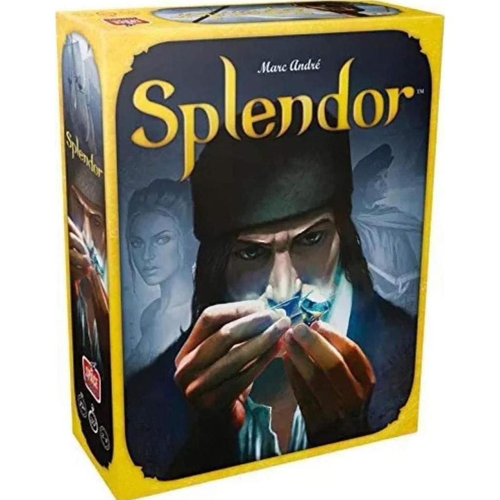 Box of the board game "Splendor" showing a character examining a gem, with a yellow border and game logo in the corner.