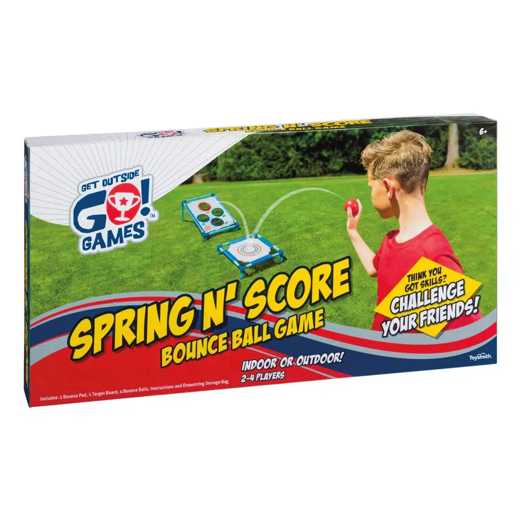 Box of "Spring N' Score Bounce Ball Game" featuring a child enjoying the vibrant red ball and target game. Perfect for 2-4 players, this bounce ball game is ideal for both indoor and outdoor play.