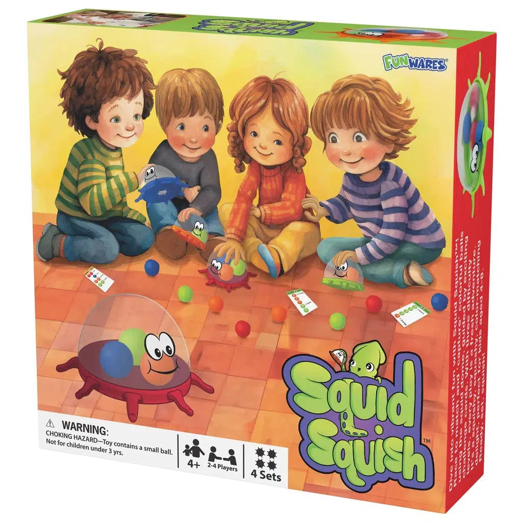 The vibrant board game box, Squid Squish, showcases cartoon children on a color-matching adventure. This educational game includes a warning for small parts and is suitable for ages 4 and up, accommodating 2-4 players with 4 sets.