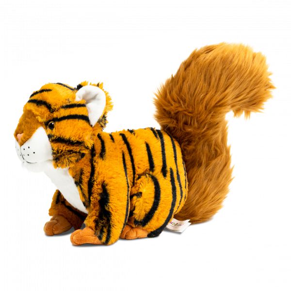 A plush toy featuring a hybrid animal design, this squirrel boasts vibrant orange tiger stripes and a bushy tail, posed elegantly against a white background. Part of the Randimals collection, it's a delightful fusion of playful imagination and cuddly charm.