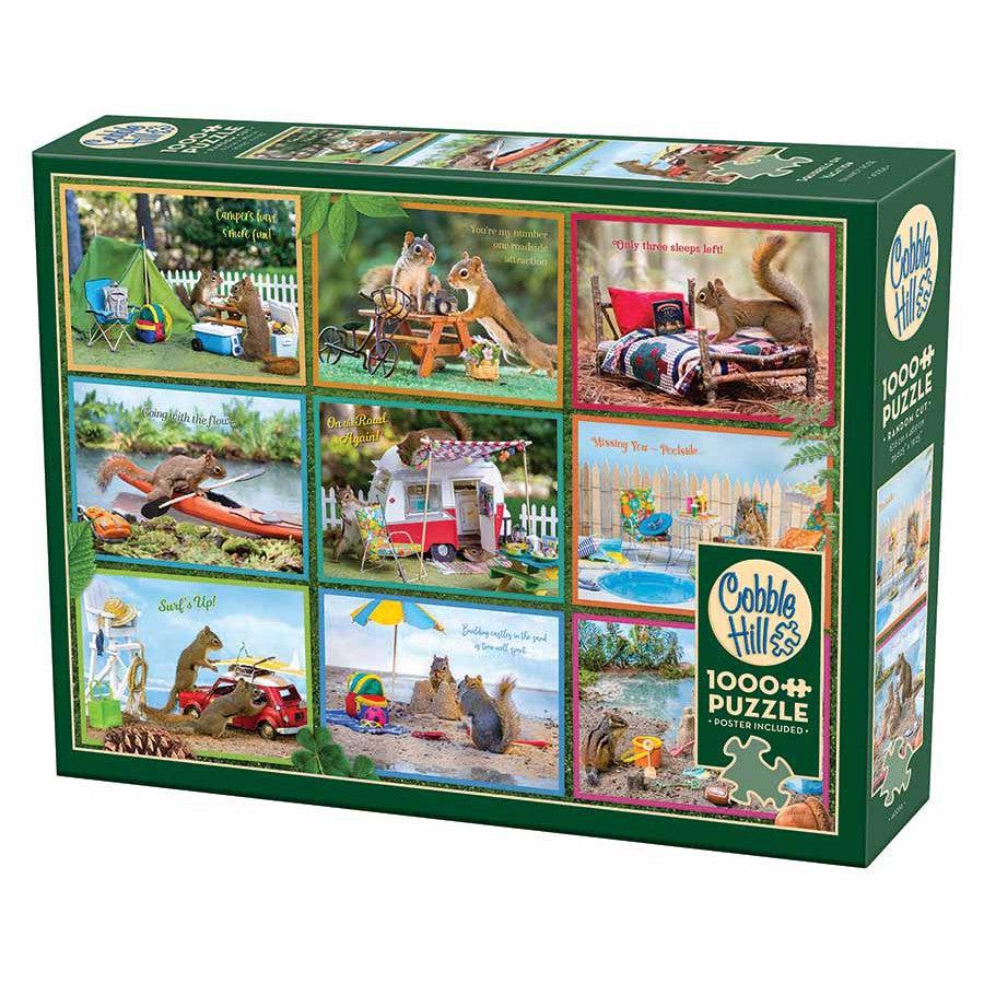 1000 pc puzzle showing a collage of squirrels doing human-like activities such as camping or going to the beach