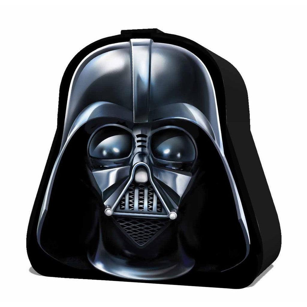 A backpack shaped like a helmet, inspired by Star Wars' iconic Darth Vader, features a black glossy finish with mask details. 