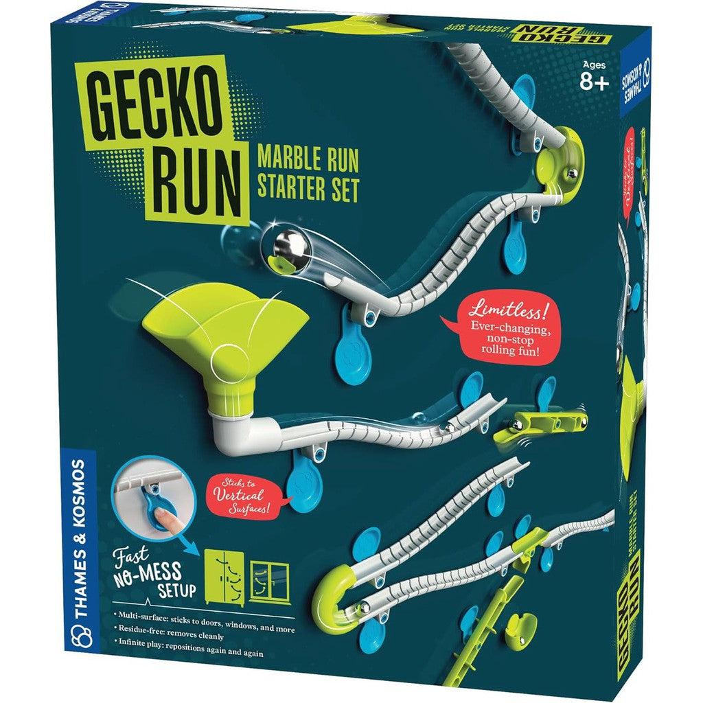 A green box for the Gecko Run Starter Set, showing the marble run on the box and indicating no messes