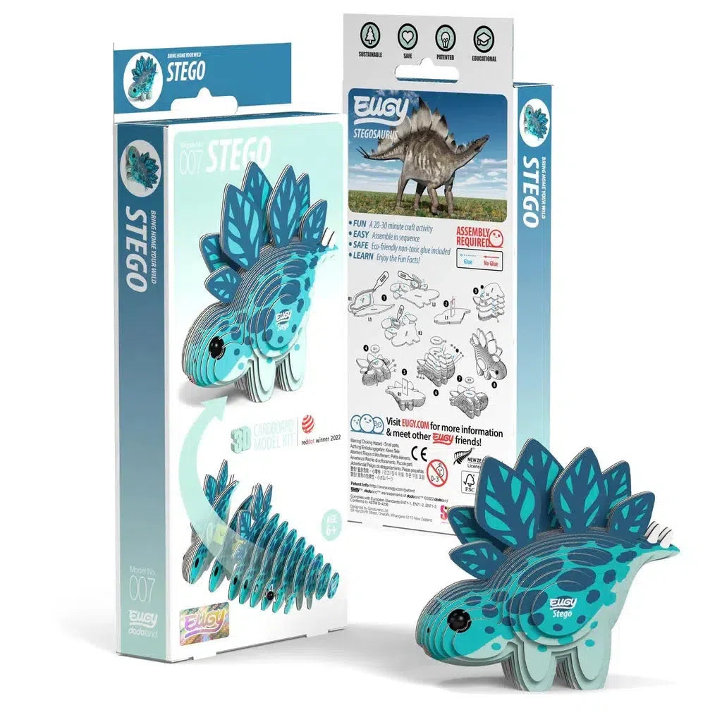 Stegosaurus 3D puzzle packaging showcases the intricate design, complete with eco-friendly materials, instructions, and a beautifully assembled model.