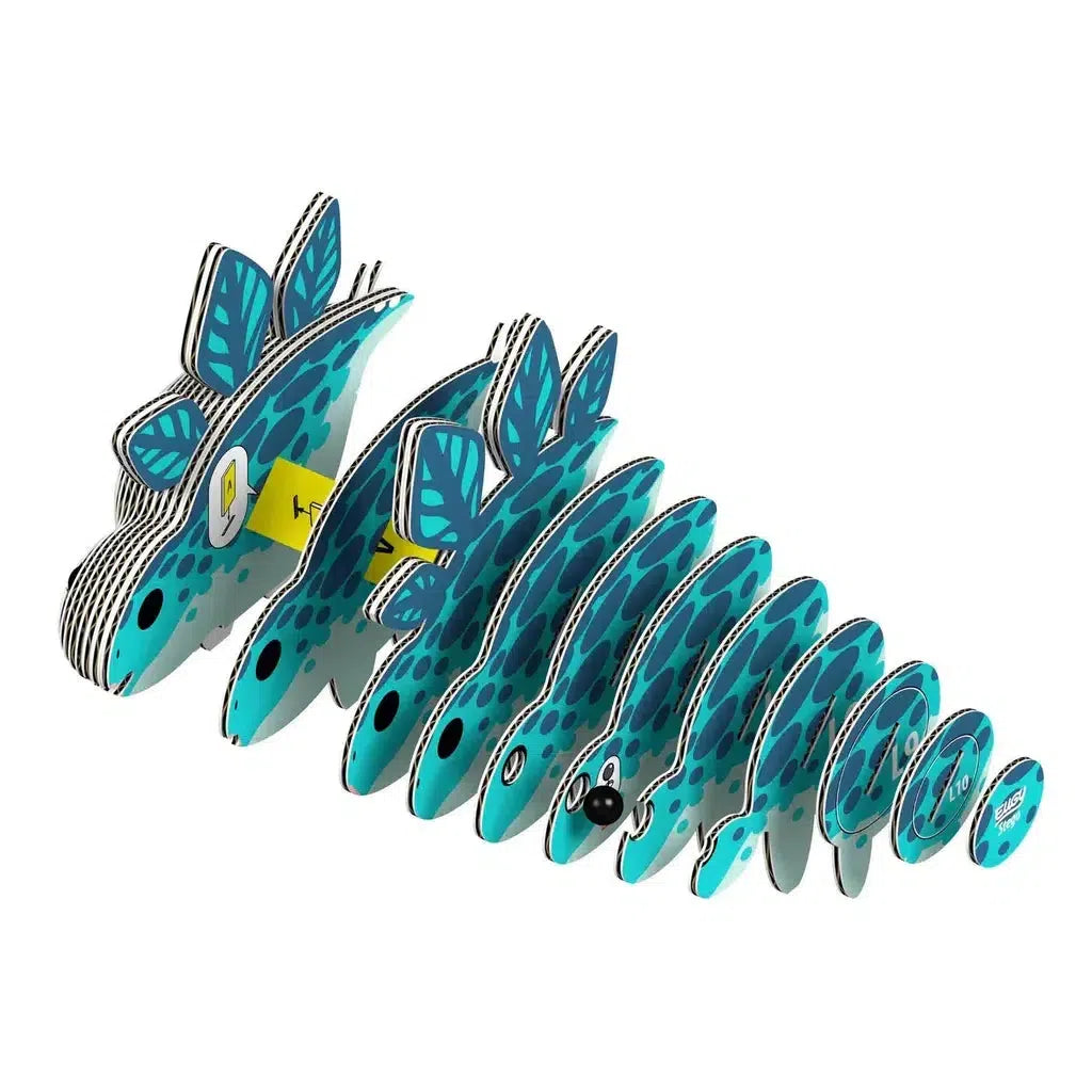 The eco-friendly blue and teal Stegosaurus puzzle features yellow connectors, perfectly aligned for a fun 3D experience.