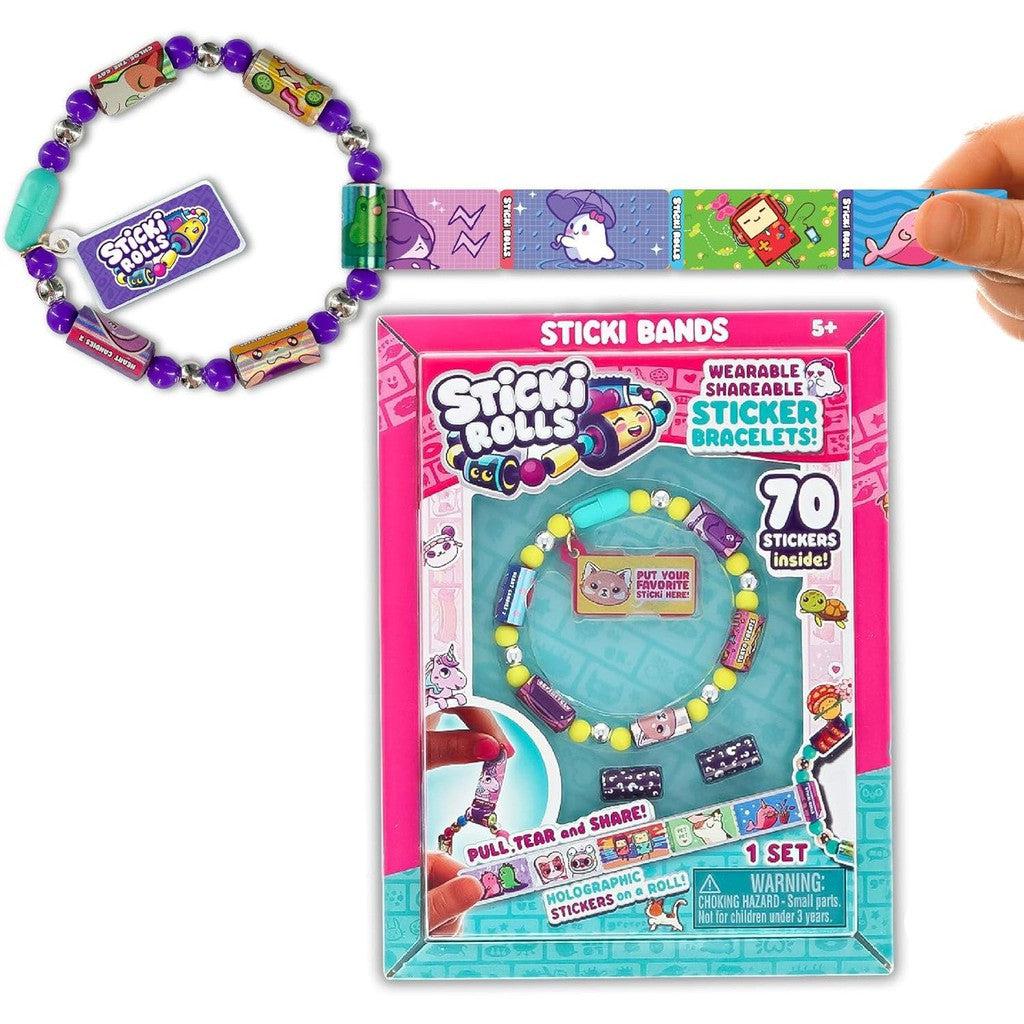 Sticker bracelet set featuring Mini Stickers, colorful bands, and packaging with 70 wearable shareable stickers. This Sticker Toy Bracelet is designed for ages 5 and up, offering endless creative fun.