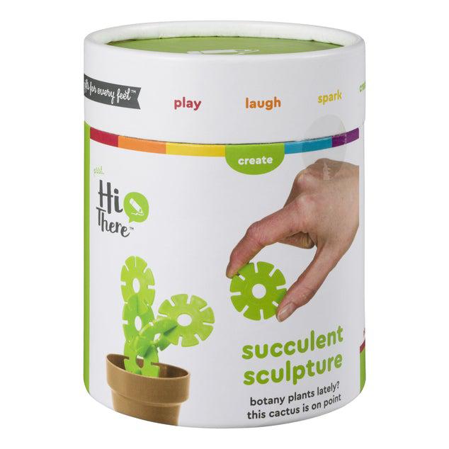 A witty gift for the home, this cylindrical "Hi There" box contains a Toysmith Succulent Sculpture kit. A hand is shown assembling pieces marked "play," "laugh," "spark," and "create." Perfect for adding a touch of fun to your decor!.