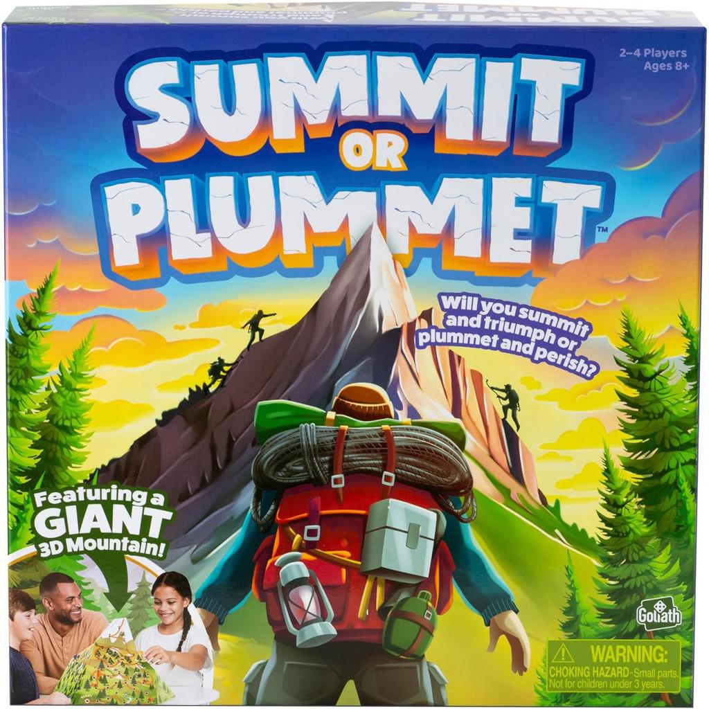 Board game box for "Goliath Summit or Plummet Game." Showcases a climber with a backpack scaling a striking 3D mountain, highlighting the game's thrilling challenges. Part of the Toys &amp; Games series, it includes a warning for small parts and is suitable for ages 8+.