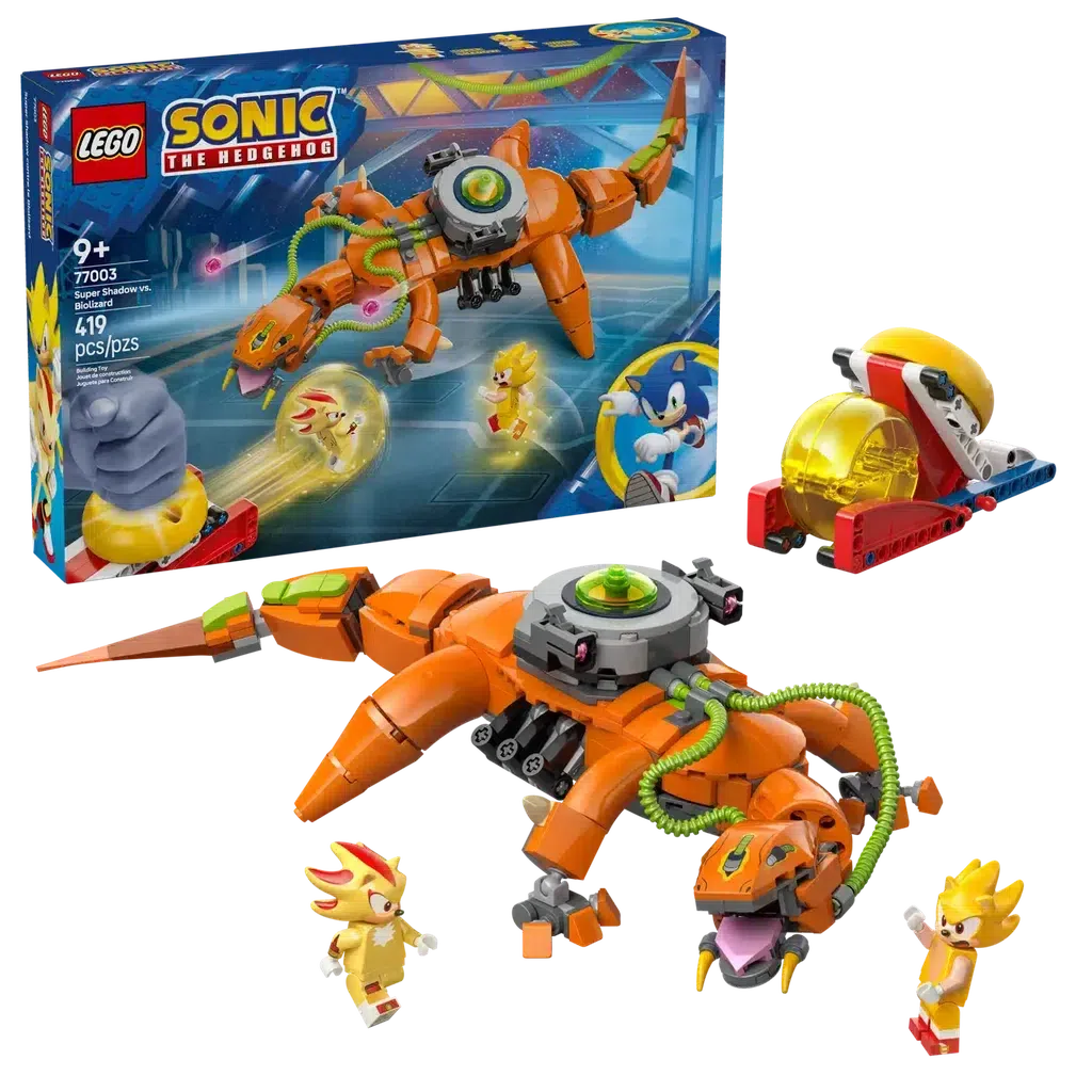 The lego set is shown in front of it's box. There are two figures, sonic and shadow in their super forms and a large brick lizard