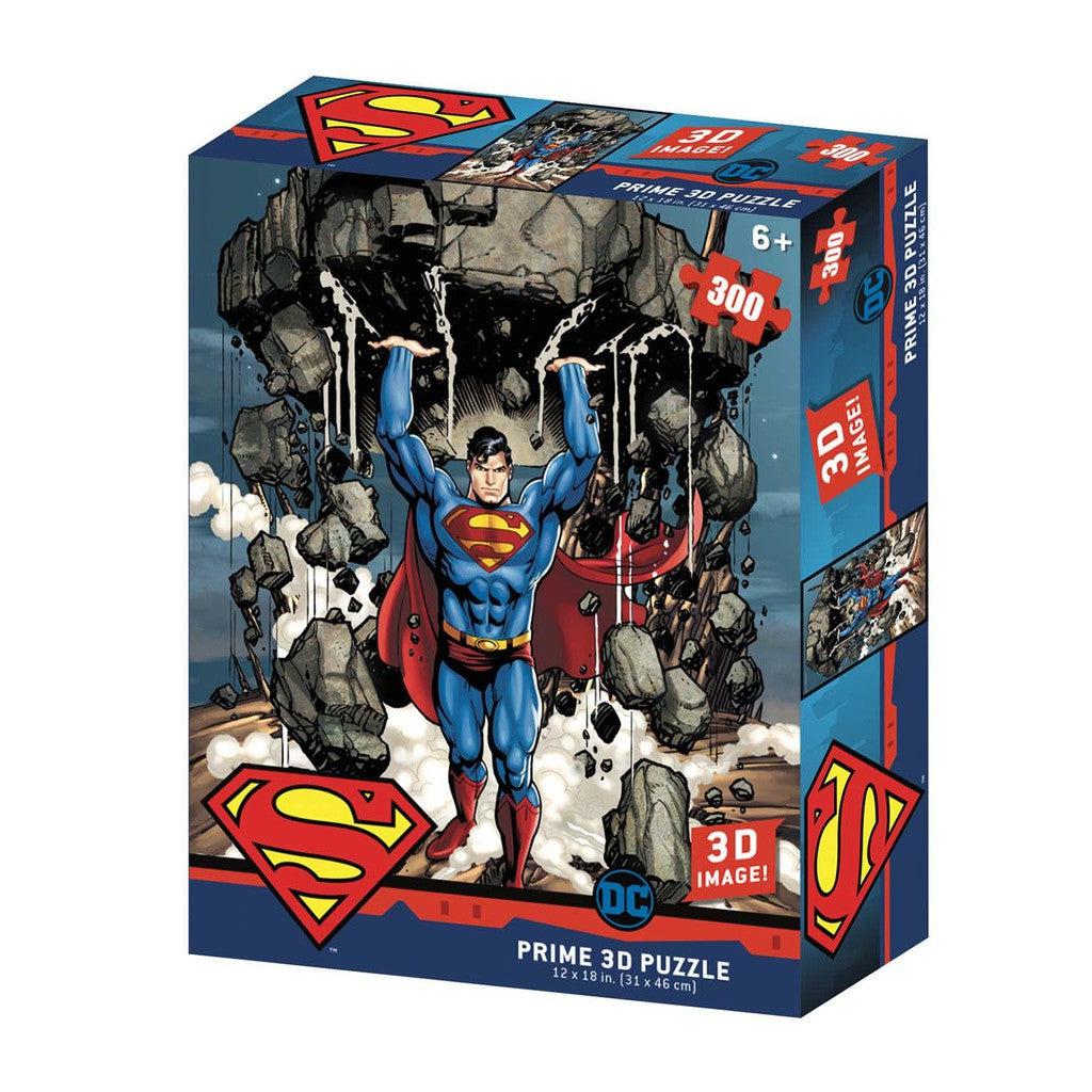 A 300-piece 3D puzzle showcases Superman lifting rocks, emblazoned with DC Comics and Superman logos.