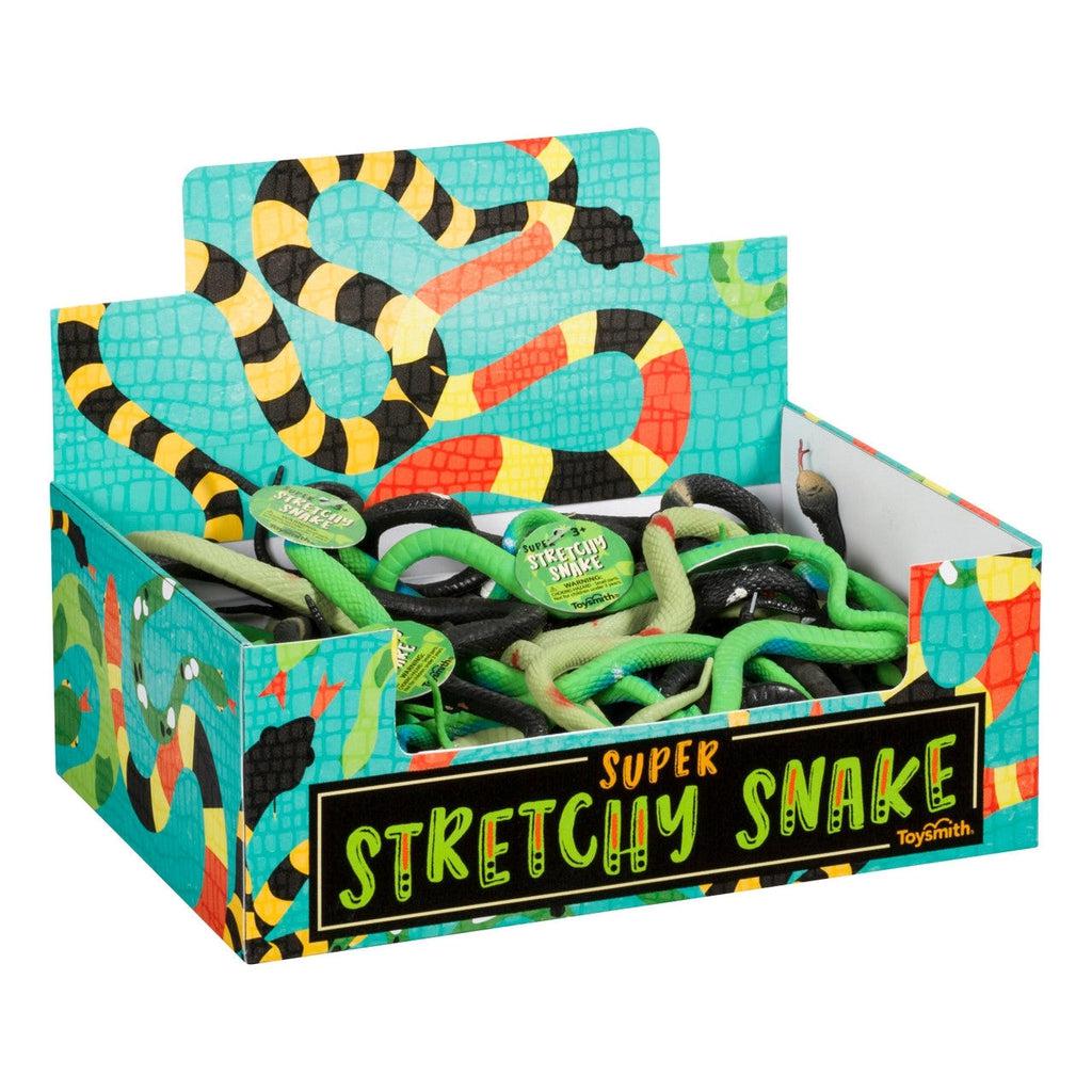 Box of colorful, stretchy toy snakes with the label "Super Stretchy Snake" on the front. The realistically textured body offers an immersive play experience, while the box features a vibrant snake design background.