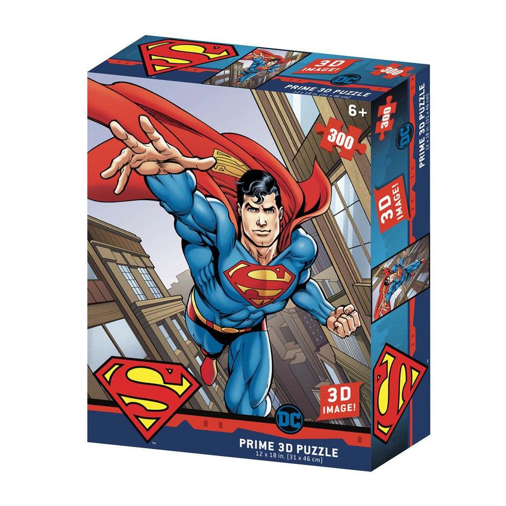 This 300-piece 3D puzzle box showcases Superman in a dynamic flying pose, adorned in his iconic blue suit with a red cape. 