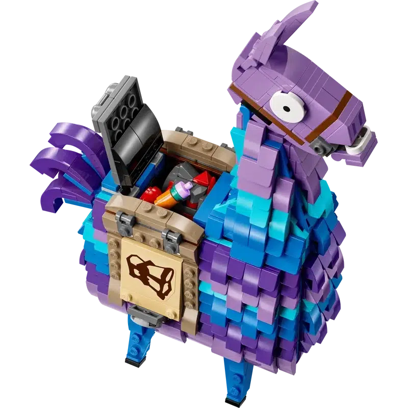 an angle view from the top of the llama showing the saddle can open up to store the various included items inside.