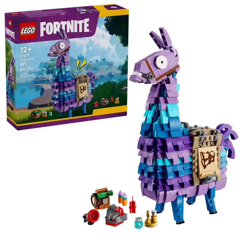 the lego fortnite llama shown in front of its box