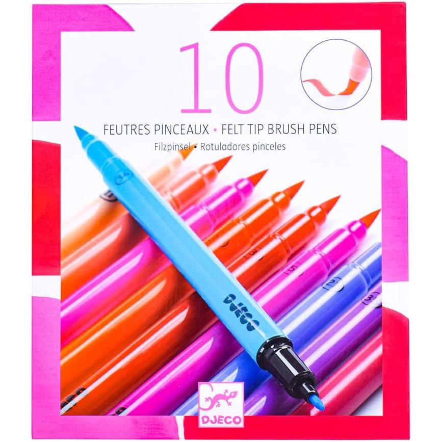 This package of 10 felt tip brush pens by Djeco is perfect for arts and crafts enthusiasts, featuring various vibrant colors with one blue pen prominently displayed.