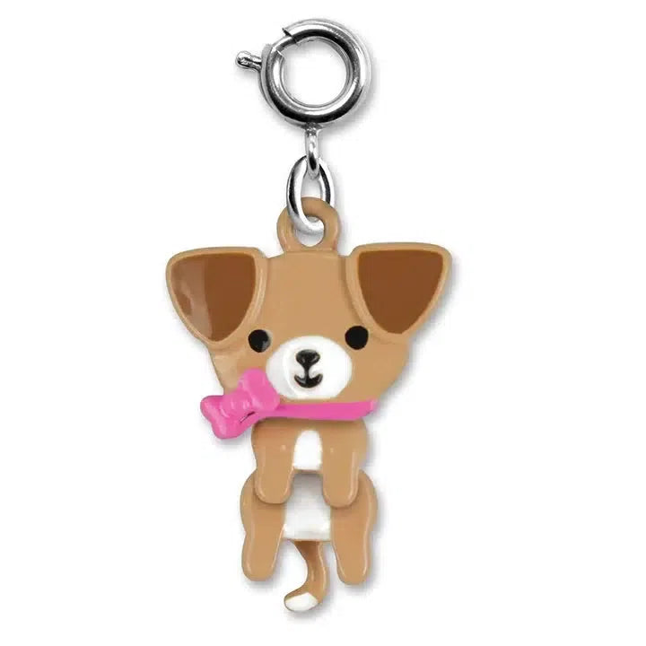 A cartoon dog charm with a pink bow and collar, perfect for any animal lover, featuring a clasp for attaching to your favorite charm bracelet.