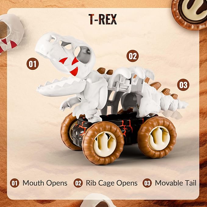 pull-back toy car shaped like a t-rex skeleton. the mouth and ribcage open, the tail moves