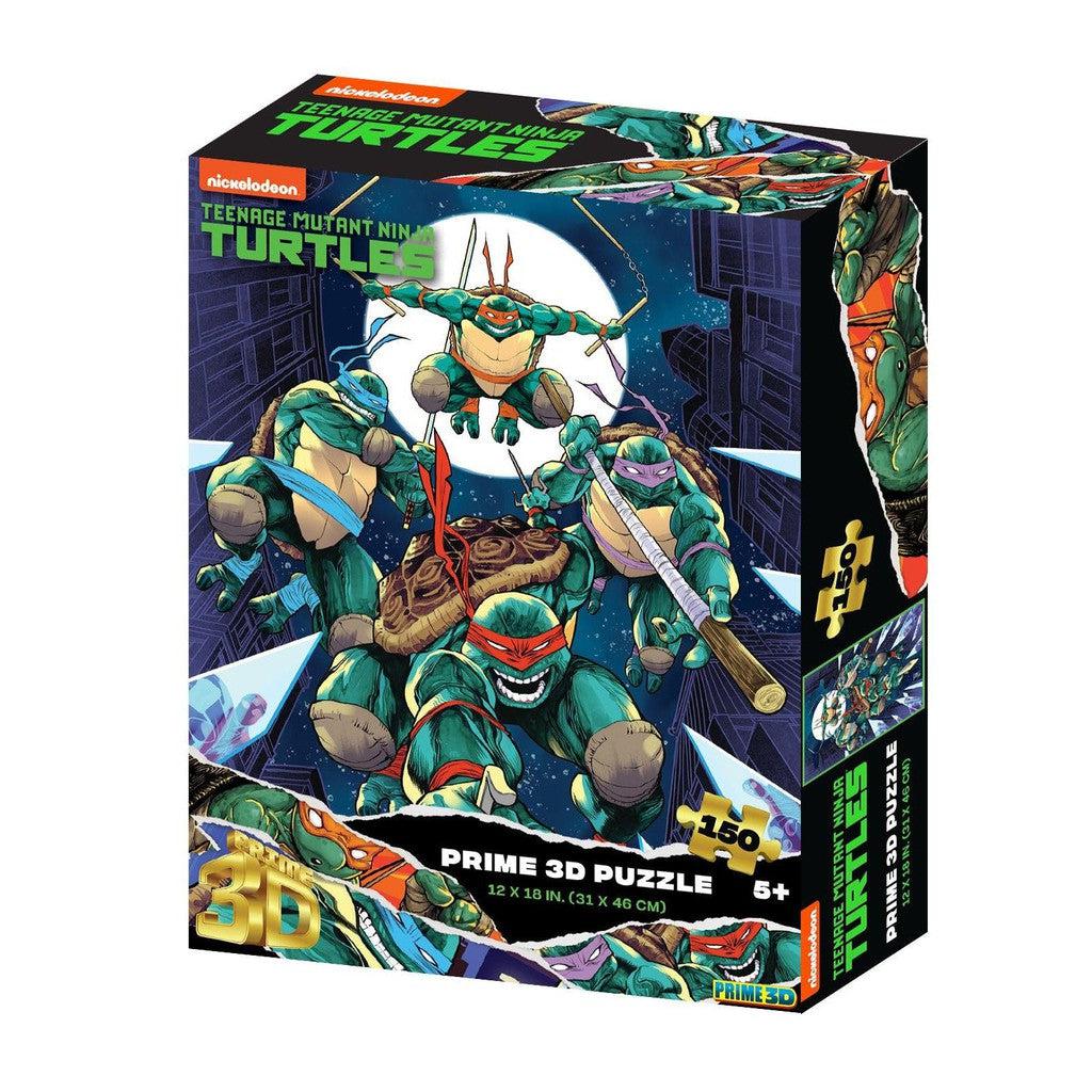 Box of a "Teenage Mutant Ninja Turtles" 3D puzzle, showcasing the action-ready turtles against a cityscape. This 150-piece gem is perfect for ages 5 and up