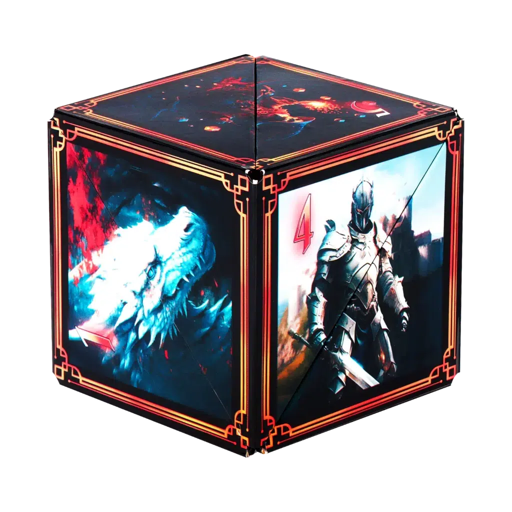 A box adorned with fantasy-themed artwork showcasing a white wolf and armored knight alongside a number 4 with ornate borders, crafted from recyclable ABS plastic, reminiscent of Shashibo's magnetic puzzle cubes.