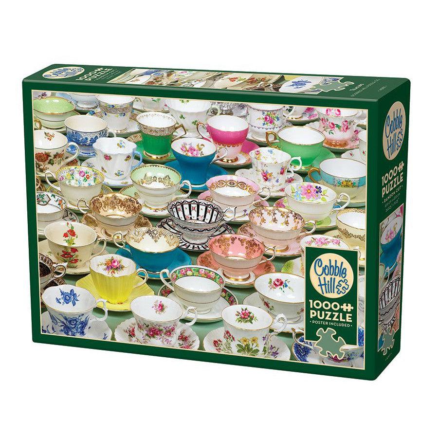 puzzle box of a 1000 pc puzzle featuring an array of teacups of many shapes and sizes