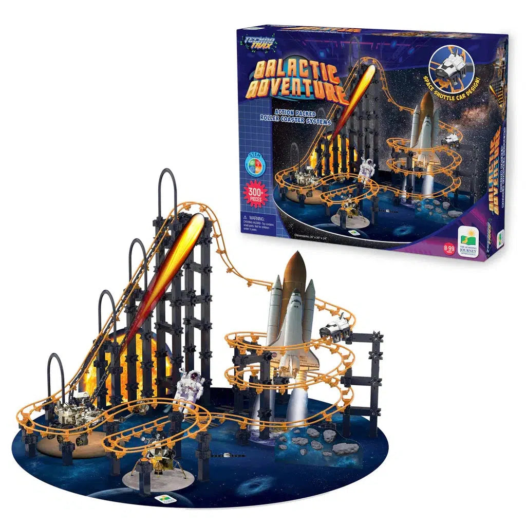 The image showcases the Techno Trax Galactic Adventure roller coaster toy set, complete with a thrilling Space Shuttle coaster, looping tracks, and a daring astronaut. Its vibrant packaging is displayed prominently in the background, promising endless excitement.