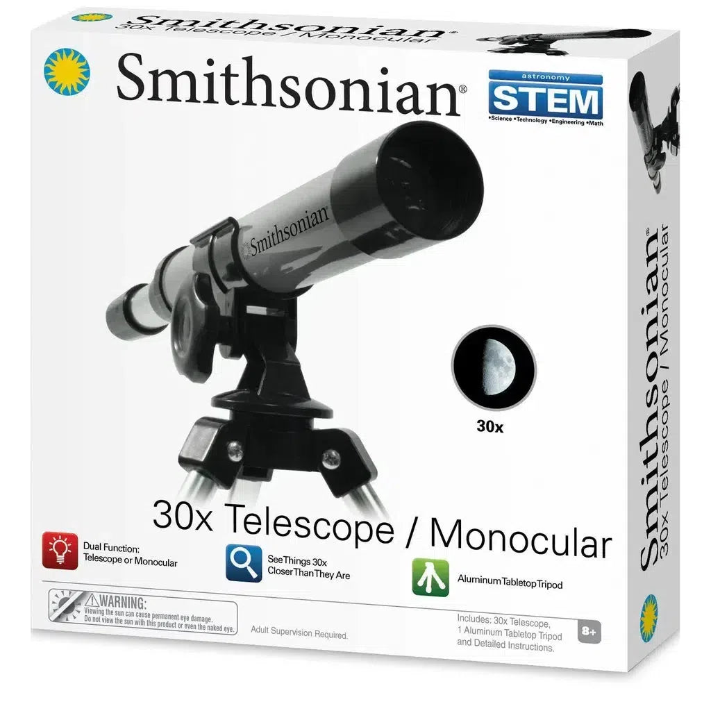 Box of a Smithsonian Telescope/Monocular featuring a vibrant image of the product alongside its key features: dual function, 30x magnification, and an aluminum tabletop tripod. Ideal for young scientists and suitable for ages 8+, it’s the perfect STEM toy to inspire exploration.