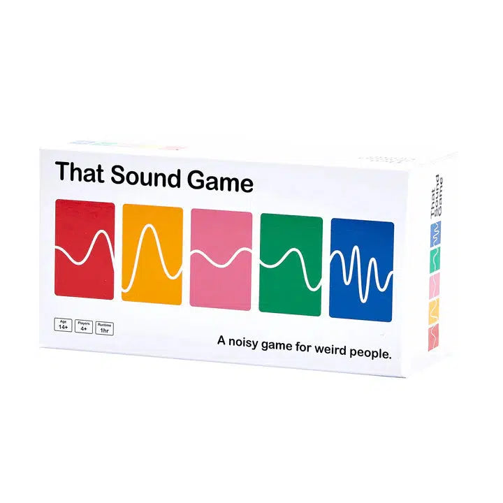 Box of "That Sound Game" with colorful wave designs on the front, labeled as "An interactive party game for weird people" featuring exciting category cards.