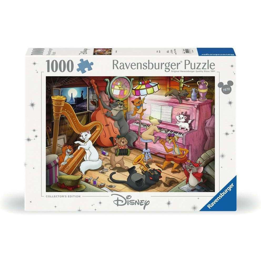 Experience the joy of assembling a 1000-piece Ravensburger Disney puzzle featuring "The Aristocats" jigsaw, where beloved characters come to life, playing music in a vibrant room.