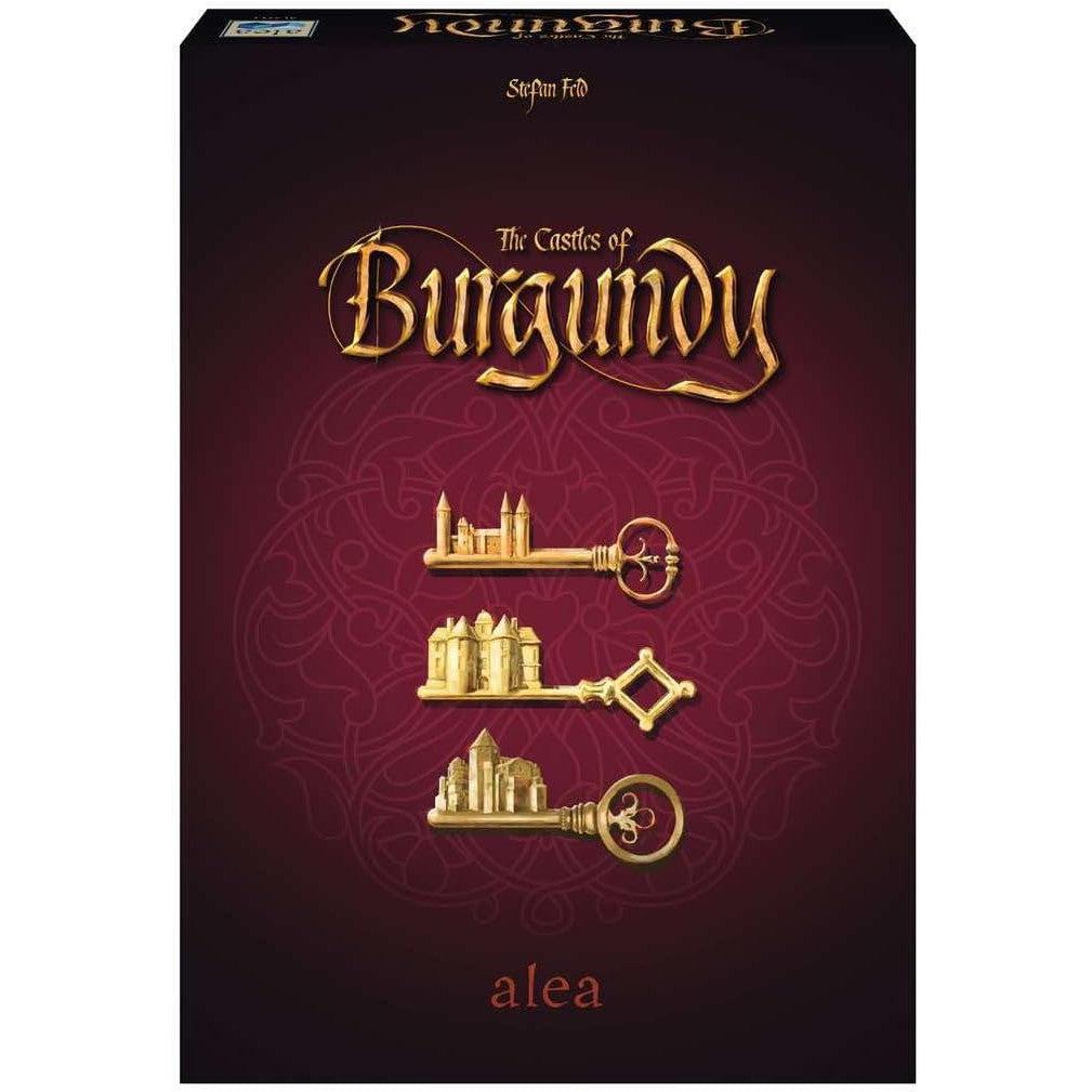 The Castles of Burgundy-RAVENSBURGER-a burgundy box with the title written in gold and three gold keys underneath