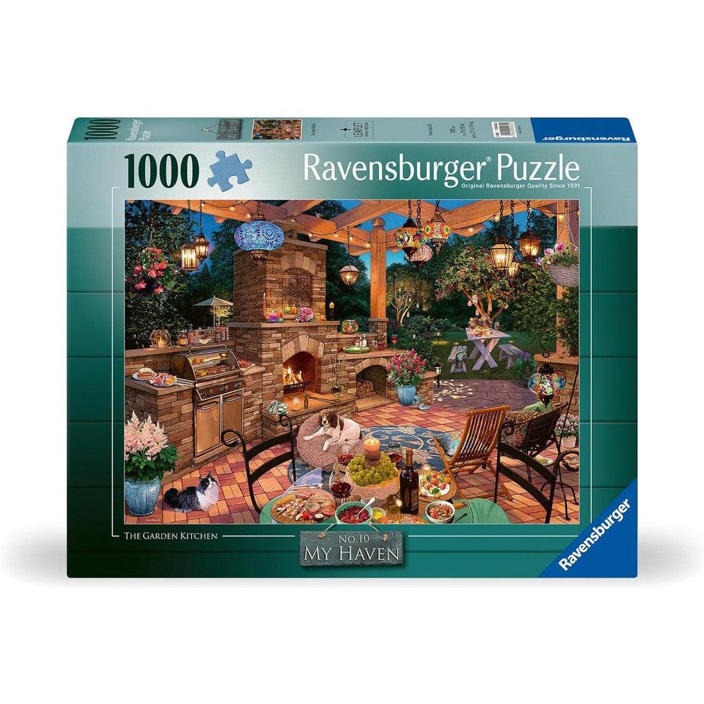 The Ravensburger jigsaw puzzle features a cozy garden kitchen scene, complete with lanterns, plants, and a fireplace. This 1000-piece puzzle invites you to piece together an outdoor table set with delicious food, offering endless hours of enchanting fun.