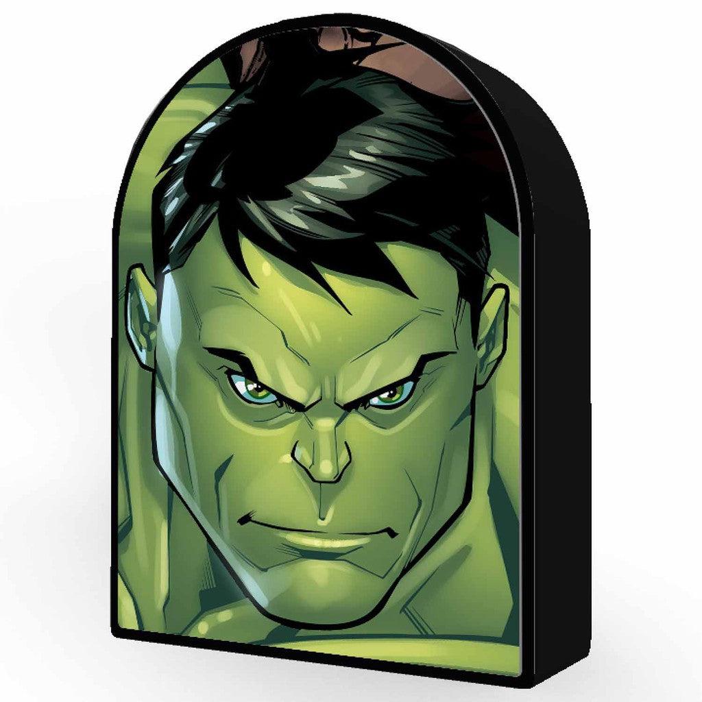 This illustration captures a green, muscular character reminiscent of Marvel's The Hulk, with black hair and a serious expression. 