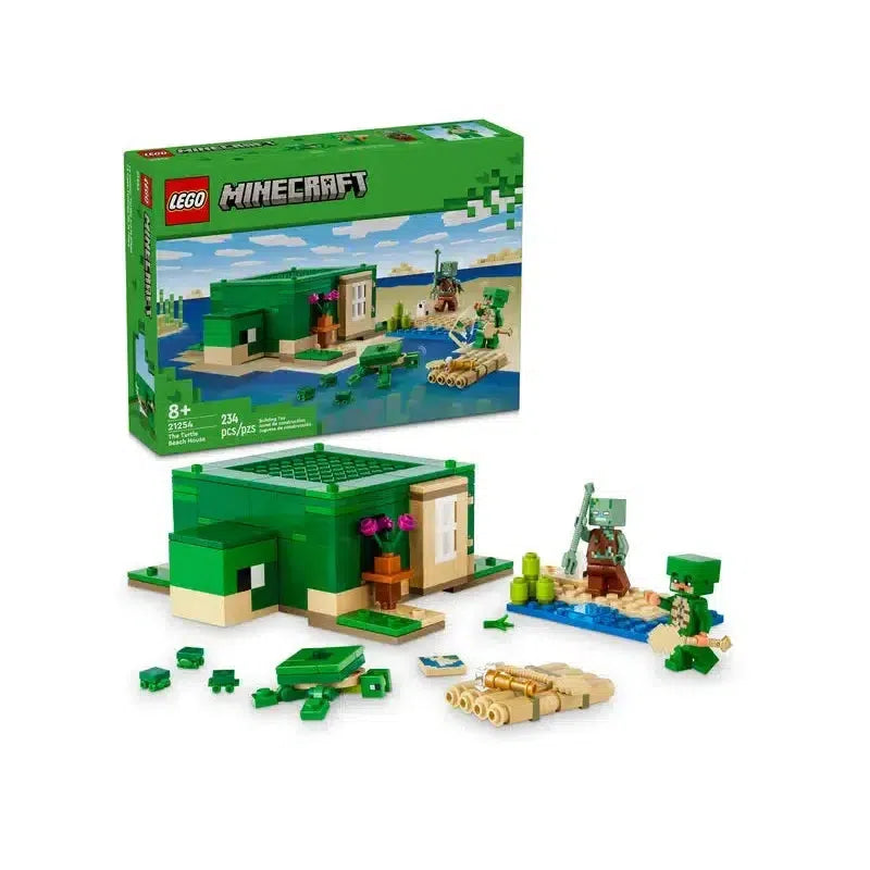 The lego set is shown in front of it's box. There is a lego house shaped like a minecraft turtle, and some lego minecraft figures.