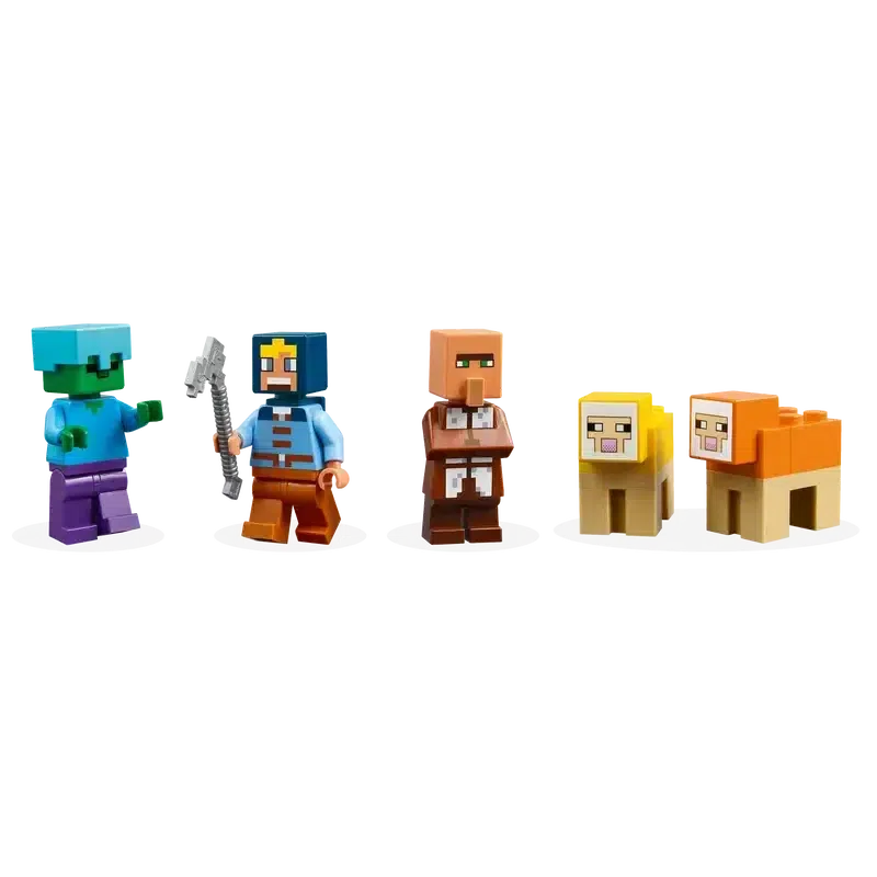 The lego minecraft figures are shown, there is a zombie, a villager, and minecraft player character, and two sheep figures.