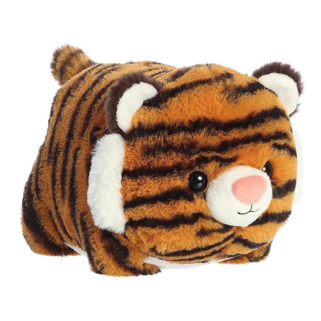 A plush toy resembling a tiger with a round shape, brown and black stripes, white ears, and a pink nose—a perfect addition to your Spudsters collection.