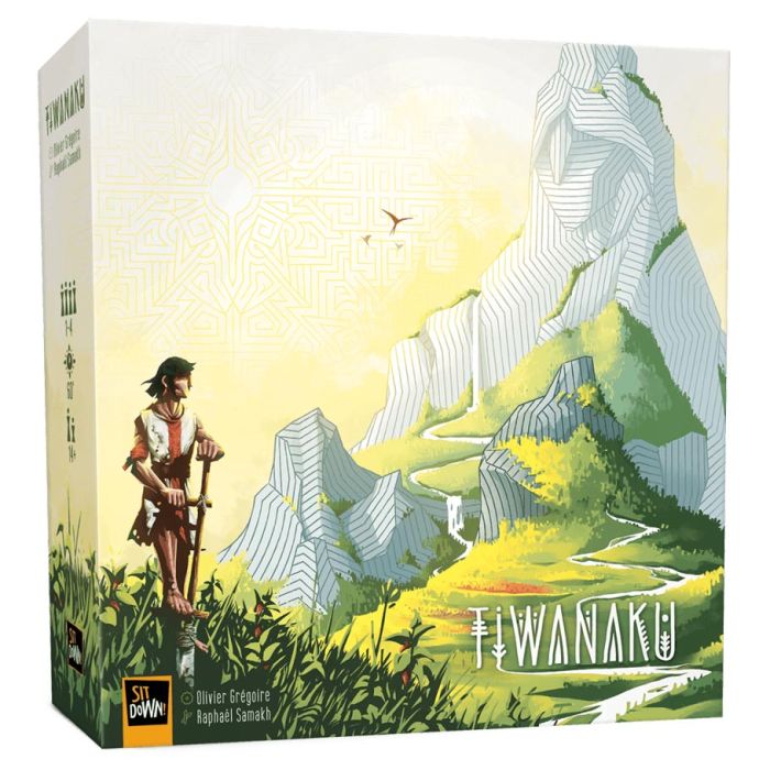 The box cover of the strategy board game "Tiwanaku" by Sit Down! features a person with a staff amidst a mountainous landscape, with a flying bird under the green and yellow hues. The Pachamama Mother Earth Wheel adds an enchanting element to this immersive experience.