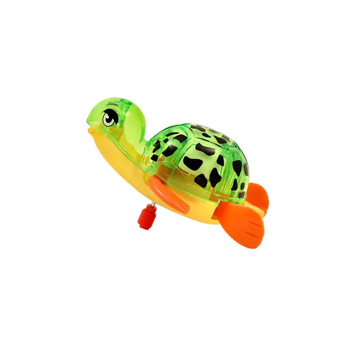 Green and orange wind-up bath time toy turtle with a transparent shell and orange flippers, perfect for an aquatic adventure against a white background.