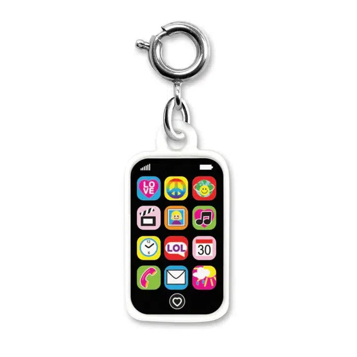 A smartphone-shaped keychain, customizable with various colorful app icons including messages, peace sign, smiley face, and LOL, makes for the perfect cell phone charm.