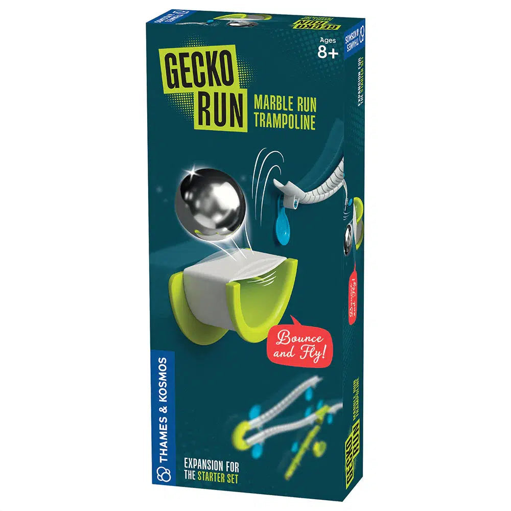 Gecko Run Marble Run Trampoline box featuring nano-adhesive vertical tracks with a marble bouncing and text "Bounce and Fly!" Suitable for ages 8+.