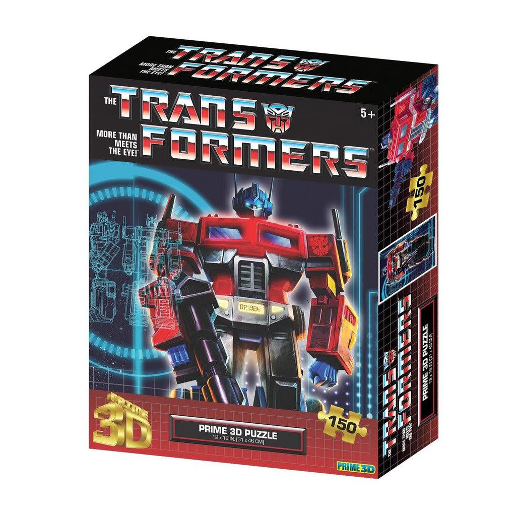 This vibrant 750-piece Transformers 3D puzzle by Prime 3D Ltd showcases a dynamic robot character on the front, set in a striking red, blue, and black color scheme.