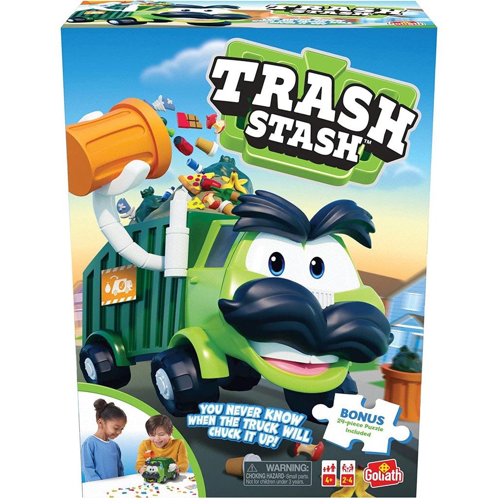 Image of the box for the game Trash Stash with a 24 piece puzzle included. On the front is an illustration of a personified trash truck with bushy eyebrows and mustache.