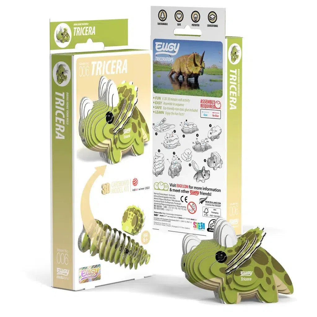 The eco-friendly packaging of a cardboard dinosaur model kit features the assembled Triceratops 3D puzzle on the front, while the back showcases instructions and STEM concepts to broaden young minds.