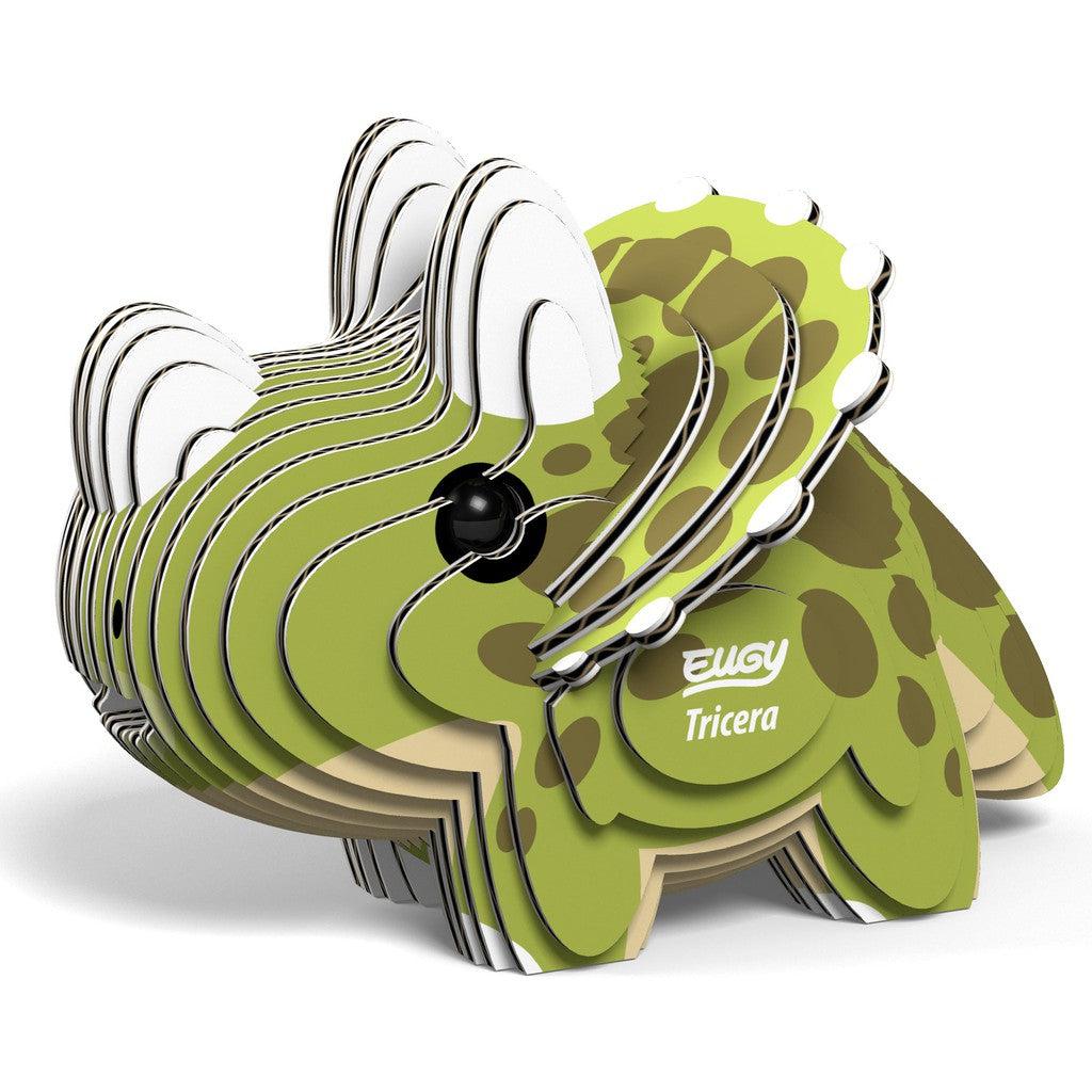 This eco-friendly 3D puzzle toy is a green triceratops adorned with white horns and a charming spotted pattern.