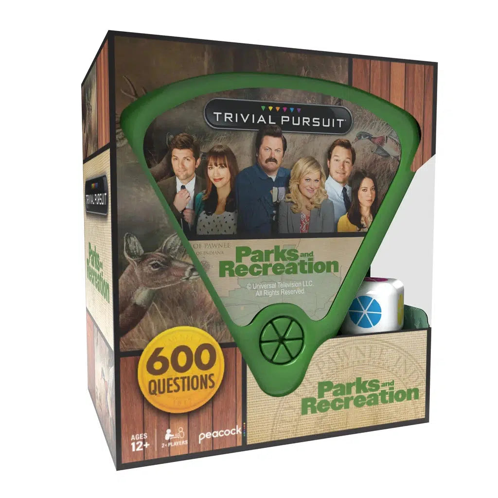 A travel-sized board game edition of Trivial Pursuit featuring "Parks and Recreation" with 600 questions, suitable for ages 12 and up. The comedy series trivia game includes question cards, score tokens, and dice.