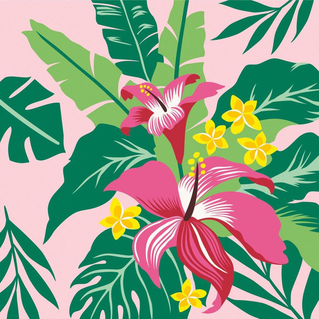 This vibrant illustration features pink hibiscus and yellow plumeria with lush green leaves, set against a light pink backdrop. Perfect for nature enthusiasts, this scene is reminiscent of a Ravensburger CreArt Paint by Numbers Kit focused on tropical plants.