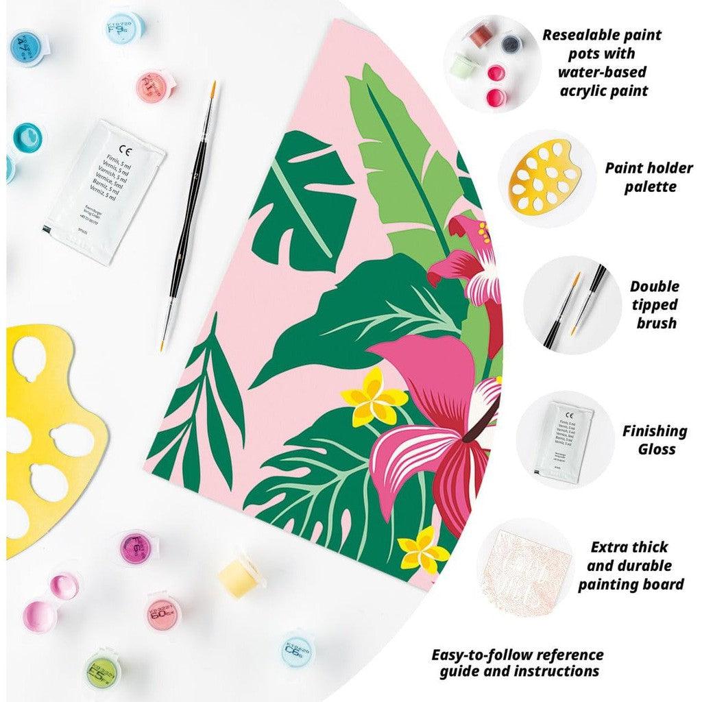 The Ravensburger CreArt paint-by-numbers kit offers a stunning floral design, complete with tropical plants. It includes everything you need: paint pots, brush, palette, gloss, and painting board.