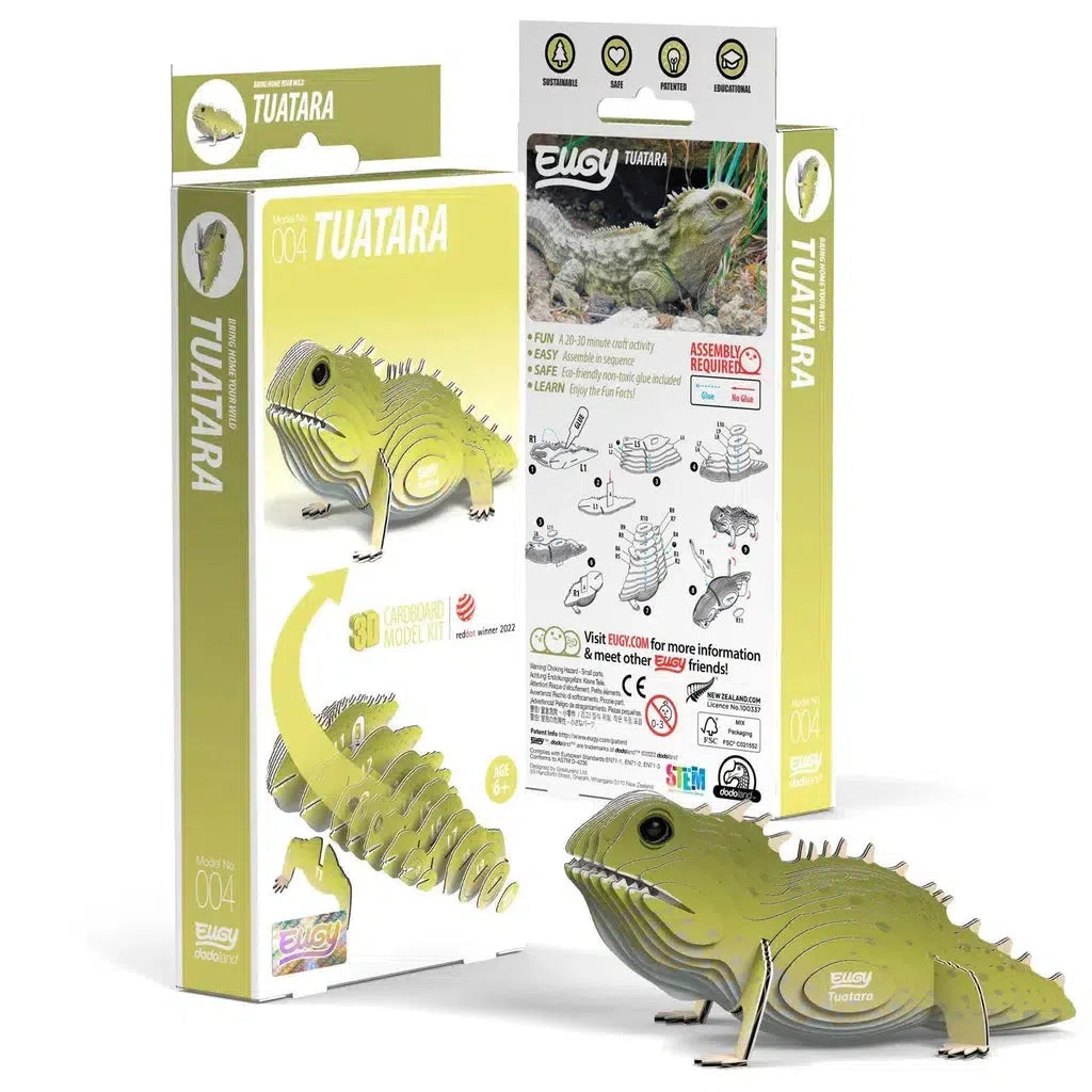 The Tuatara cardboard model kit packaging showcases not just an assembled reptile but also step-by-step assembly illustrations. This eco-friendly, 3D puzzle encourages creativity while introducing STEM concepts for an engaging educational experience.